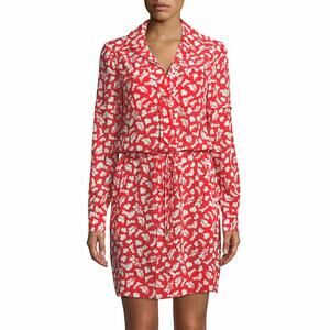 Diane von Furstenberg 100%‎ Silk Taya Red Dress Size 14 Long Sleeve Tie Waist